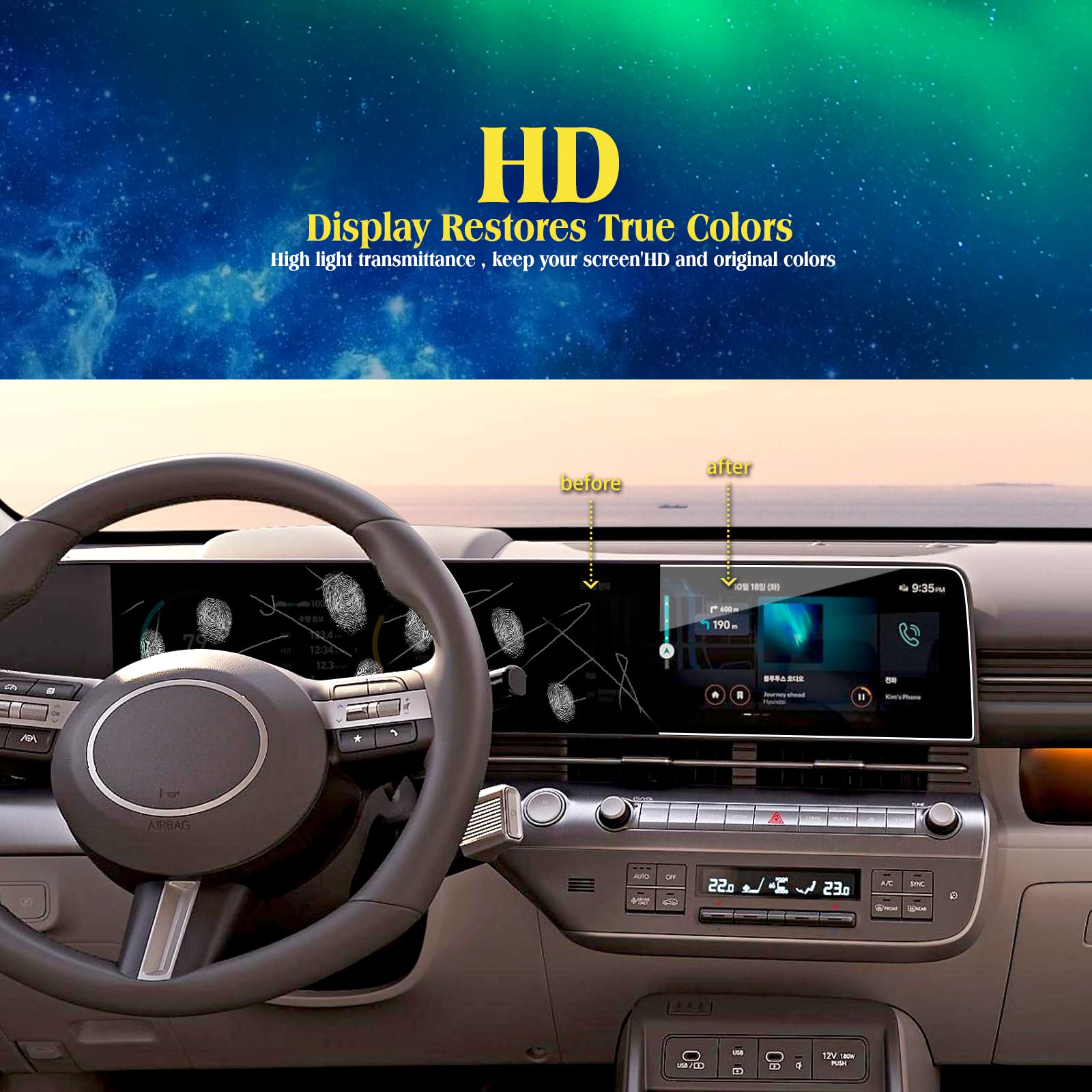 Eueky 2Pcs 2024 Kona Screen Protector Design For Hyundai Kona 2024 Dual 12.3 Inch Touch Screen Kona Screen Protective Film Kona